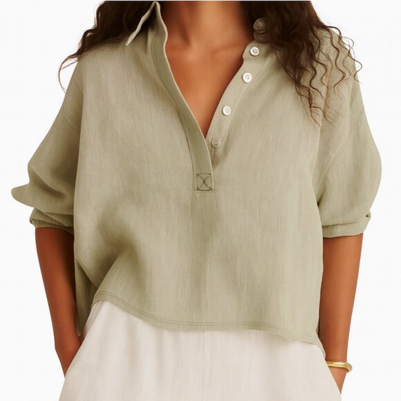 Reiss Nina Linen Open-Collar Overhead Shirt Sage Green Quiet Luxury 4 - Picture 1 of 10